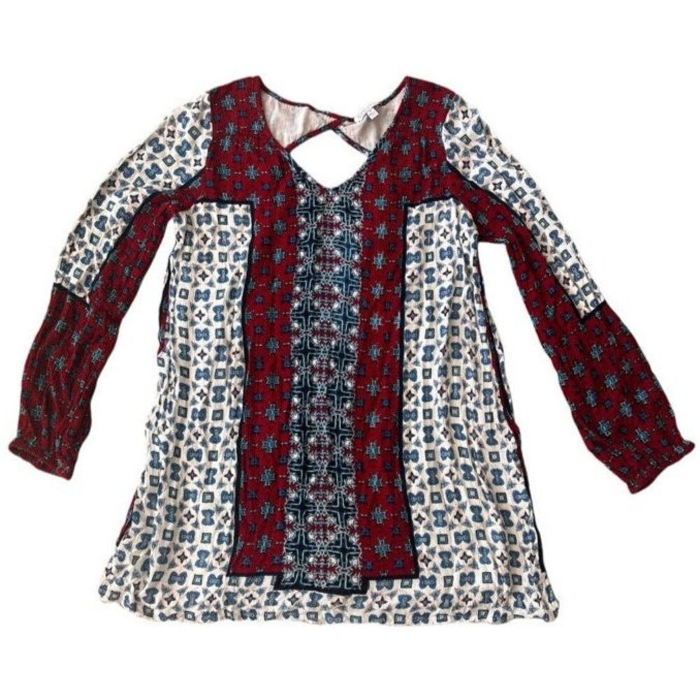 Patrons of Peace Boho Peasant Long Sleeve Babydoll Diamond Back Tunic Dress S